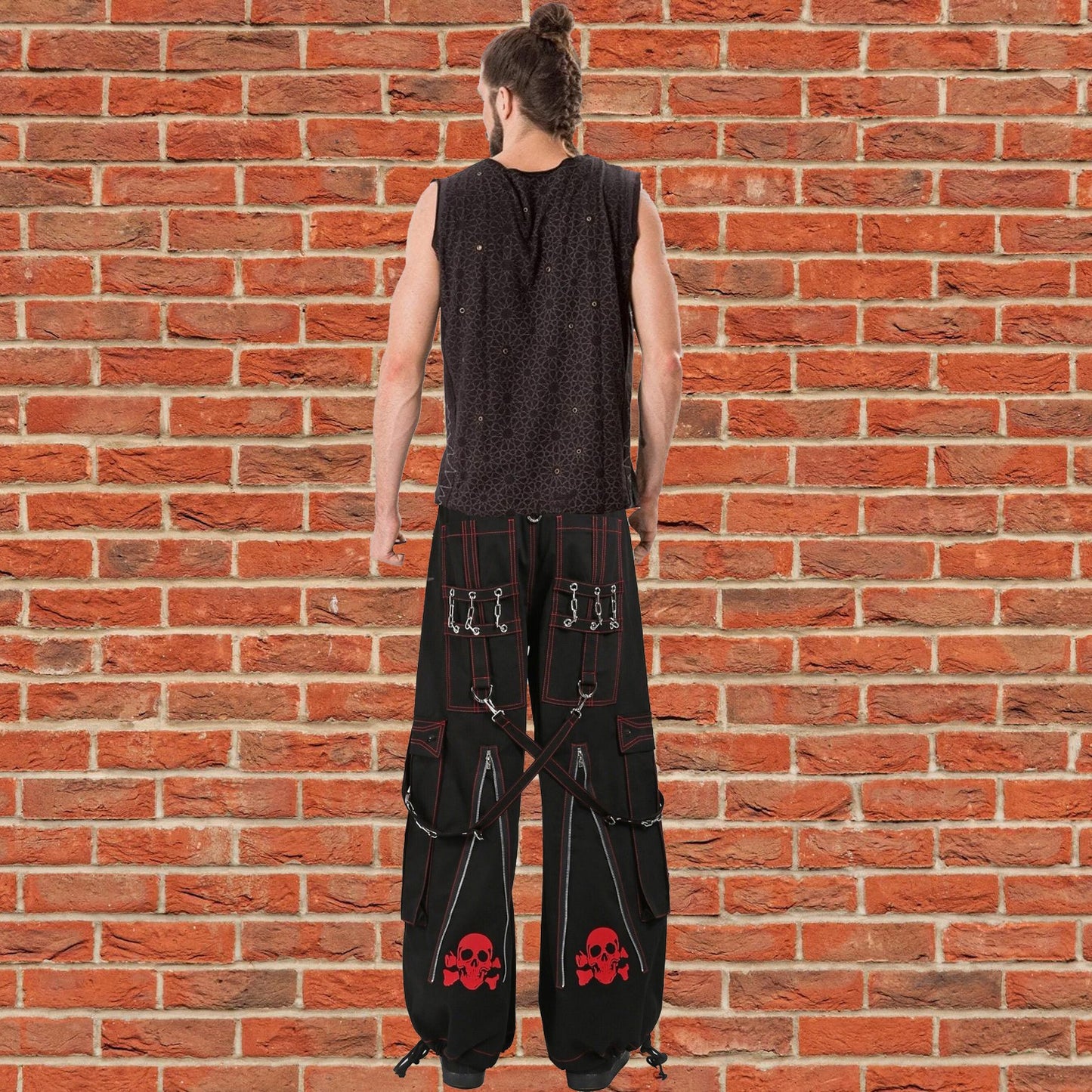 Gothic Men's Black Bondage Red Back Skull Punk Rock Pants