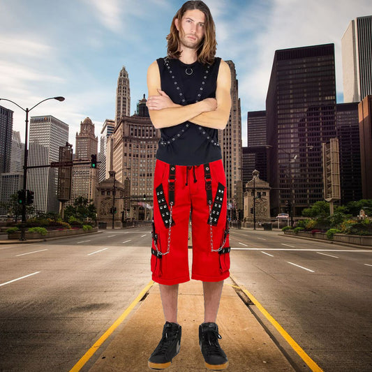 Gothic Bondage Handmade Mens Alternative Punk Rock Transformer Trouser Red Baggy Shorts