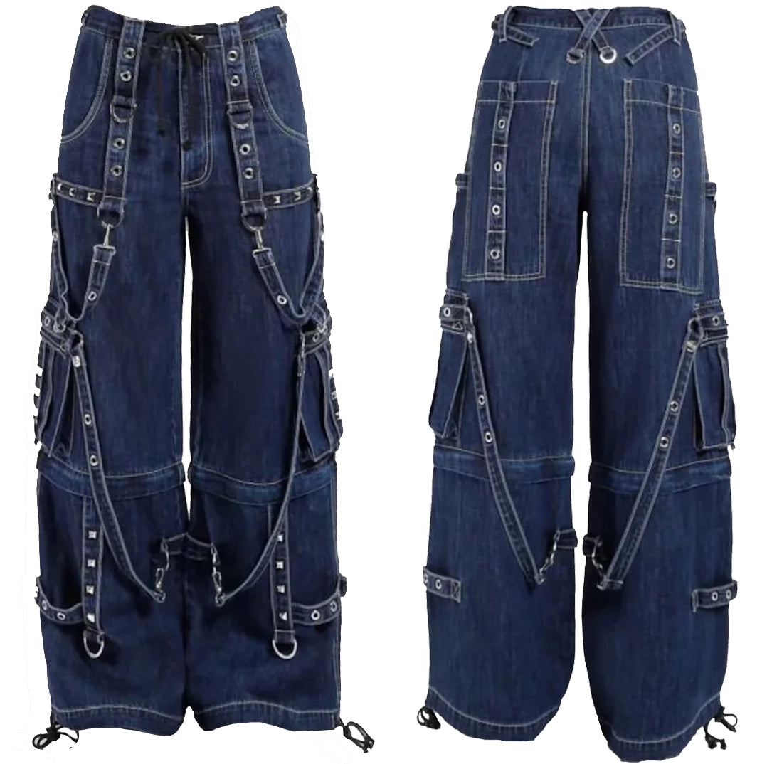 Gothic Blue Jeans Zip Off Pants Punk Buckle Zips Chain Strap Trousers Trip Pant