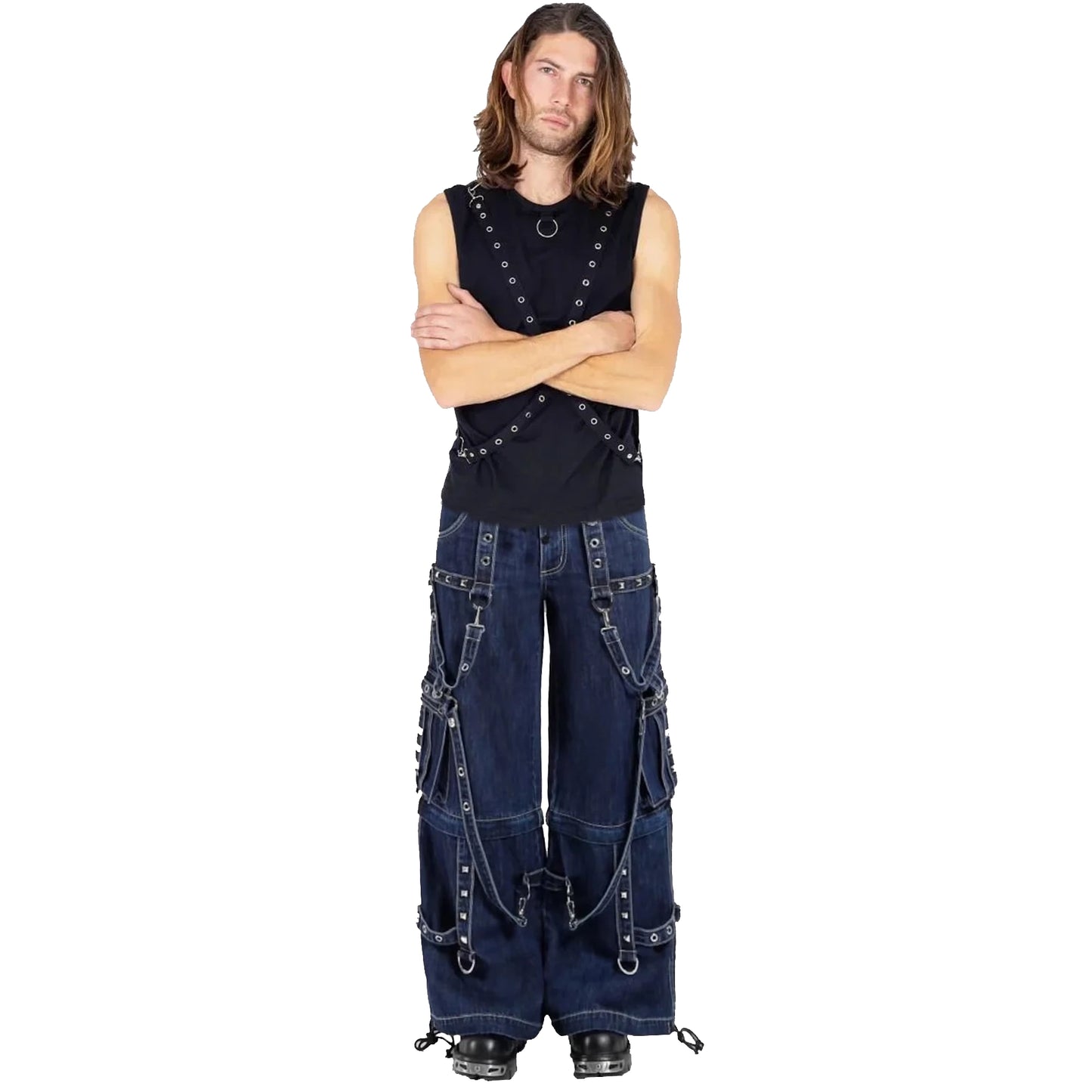 Gothic Blue Jeans Zip Off Pants Punk Buckle Zips Chain Strap Trousers Trip Pant