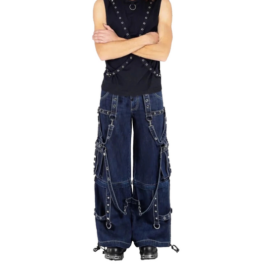 Gothic Blue Jeans Zip Off Pants Punk Buckle Zips Chain Strap Trousers Trip Pant