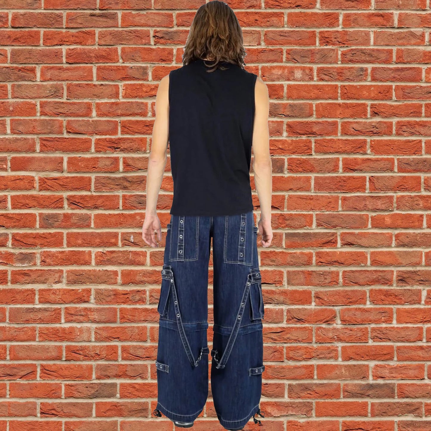 Gothic Blue Jeans Zip Off Pants Punk Buckle Zips Chain Strap Trousers Trip Pant