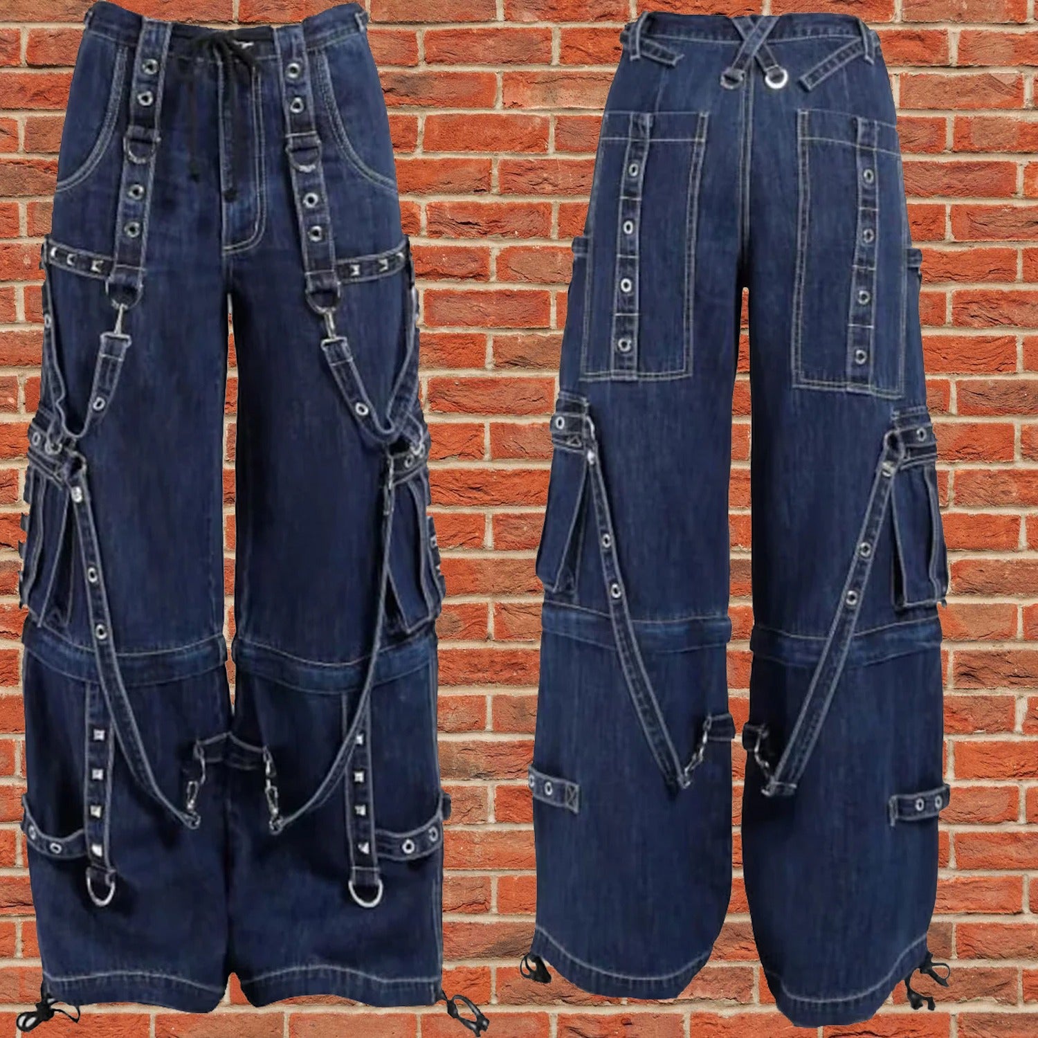 Gothic Blue Jeans Zip Off Pants Punk Buckle Zips Chain Strap Trousers Trip Pant