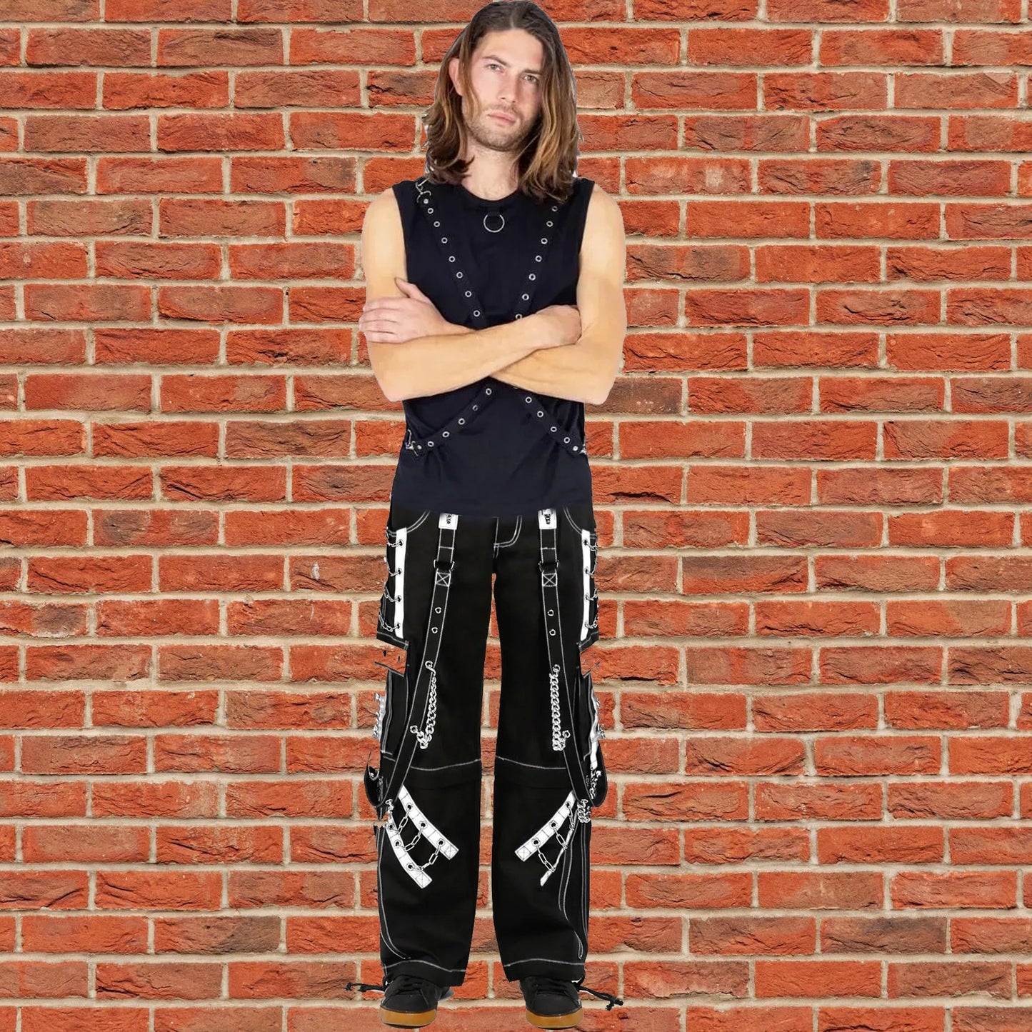 Mens Goth Punk Black White Bondage Trip Pant Chain Techno Rock Punk Shorts Usa