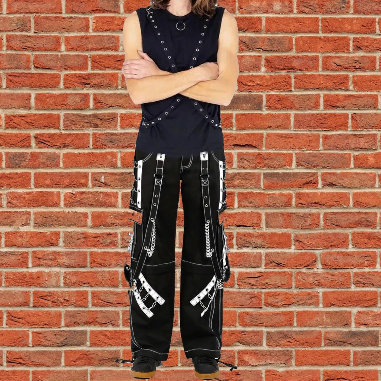 Mens Goth Punk Black White Bondage Trip Pant Chain Techno Rock Punk Shorts Usa
