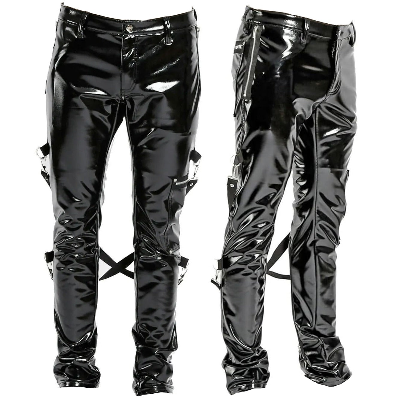 SKINNY JEANS BLACK GOTHIC SUPREME CHAOS VINYL PUNK REBEL PANTS WITH STRAP