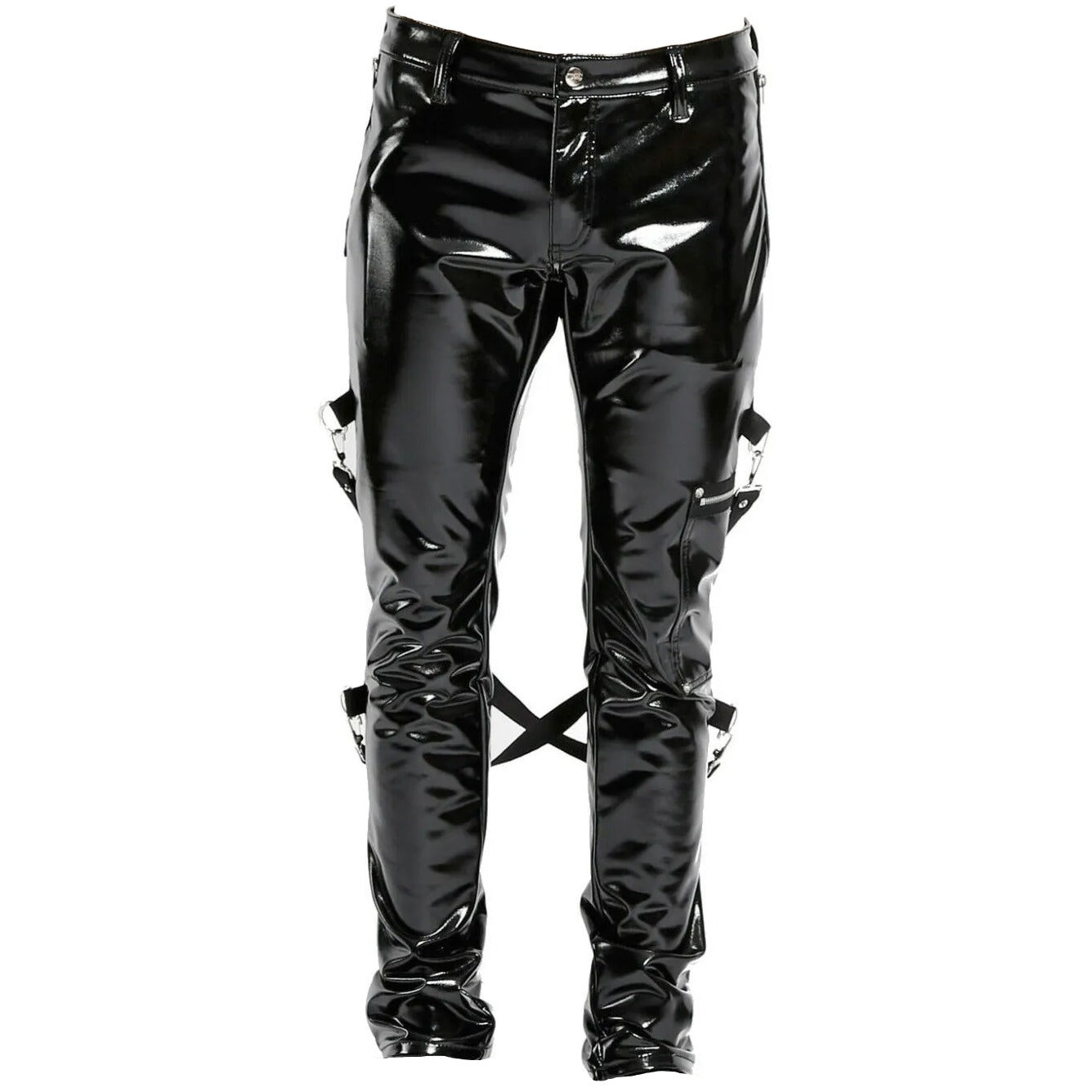 SKINNY JEANS BLACK GOTHIC SUPREME CHAOS VINYL PUNK REBEL PANTS WITH STRAP