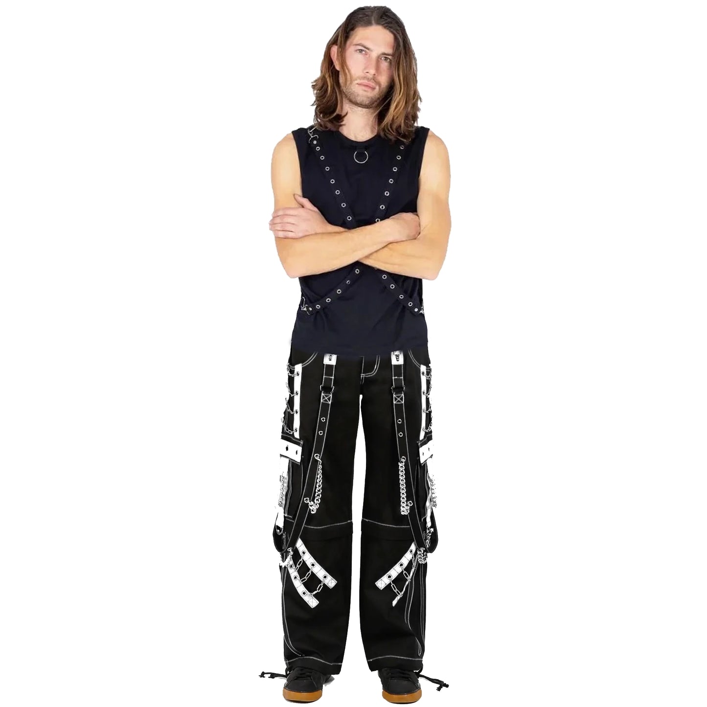 Mens Goth Punk Black White Bondage Trip Pant Chain Techno Rock Punk Shorts Usa