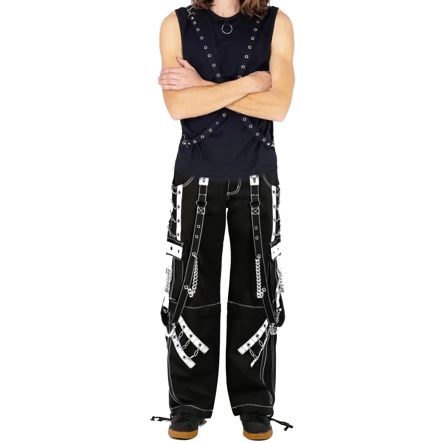 Mens Goth Punk Black White Bondage Trip Pant Chain Techno Rock Punk Shorts Usa
