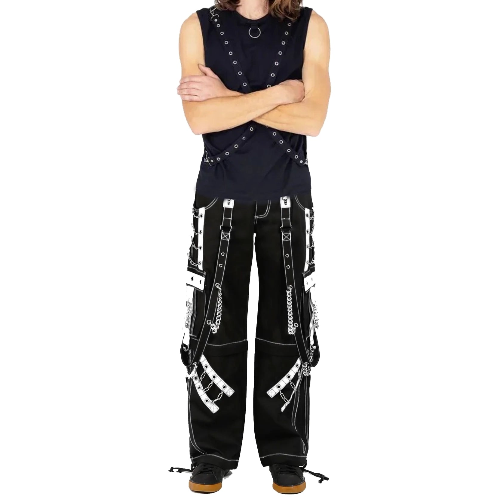 Mens Goth Punk Black White Bondage Trip Pant Chain Techno Rock Punk Shorts Usa