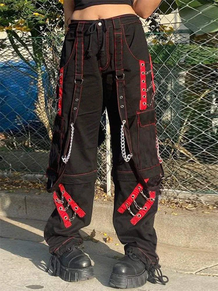 Women's Dark Gothic Baggy Unisex Cargo Metal Chain Hip Hop Wide Leg Trousers