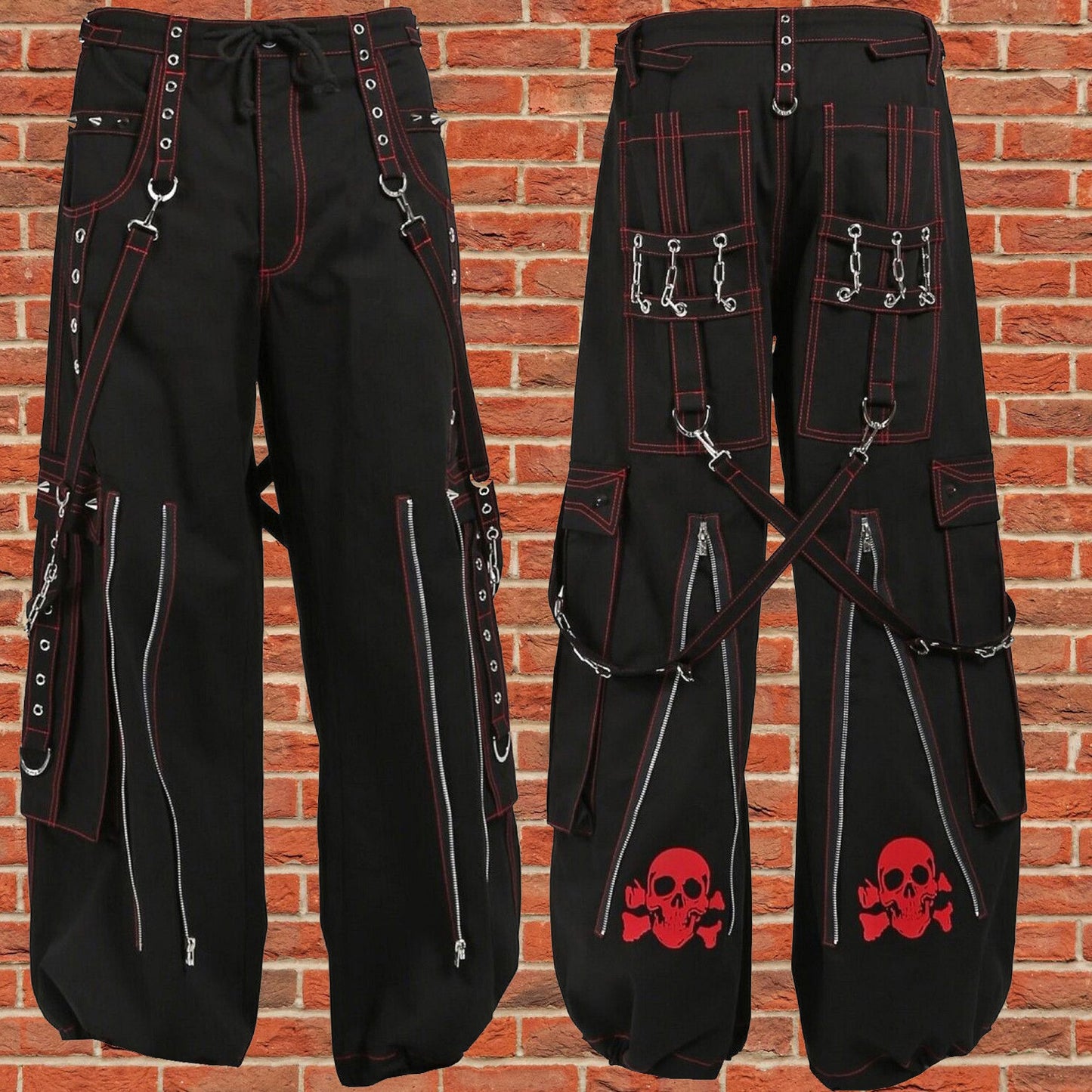 Gothic Mens Black Bondage Red Back Skull Punk Rock Pants