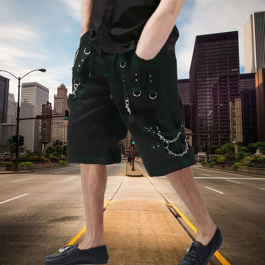 Gothic Men's Handmade Green Thread Rocker Bondage 4 Pocket Punk Rock Black Green Stitch Shorts