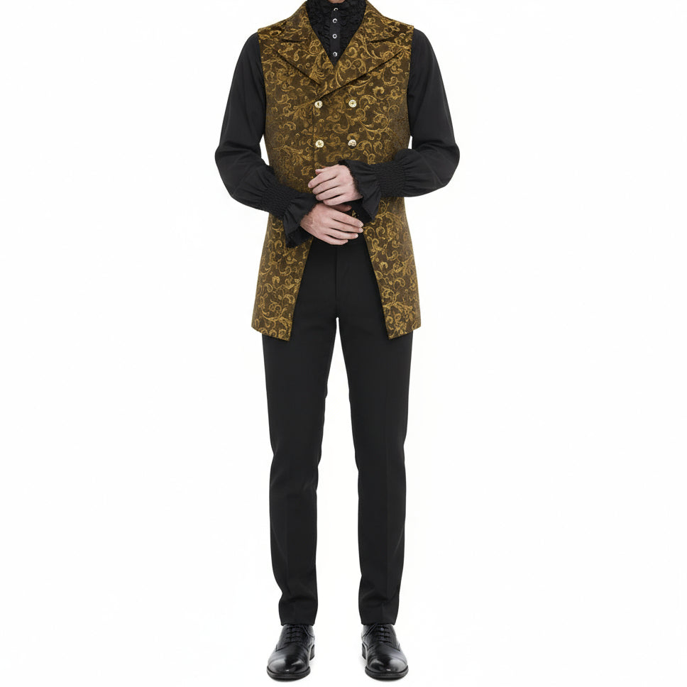 Men's Double Breasted Governor Vest Waistcoat VTG Gold Brocade Gothic Steampunk/USA