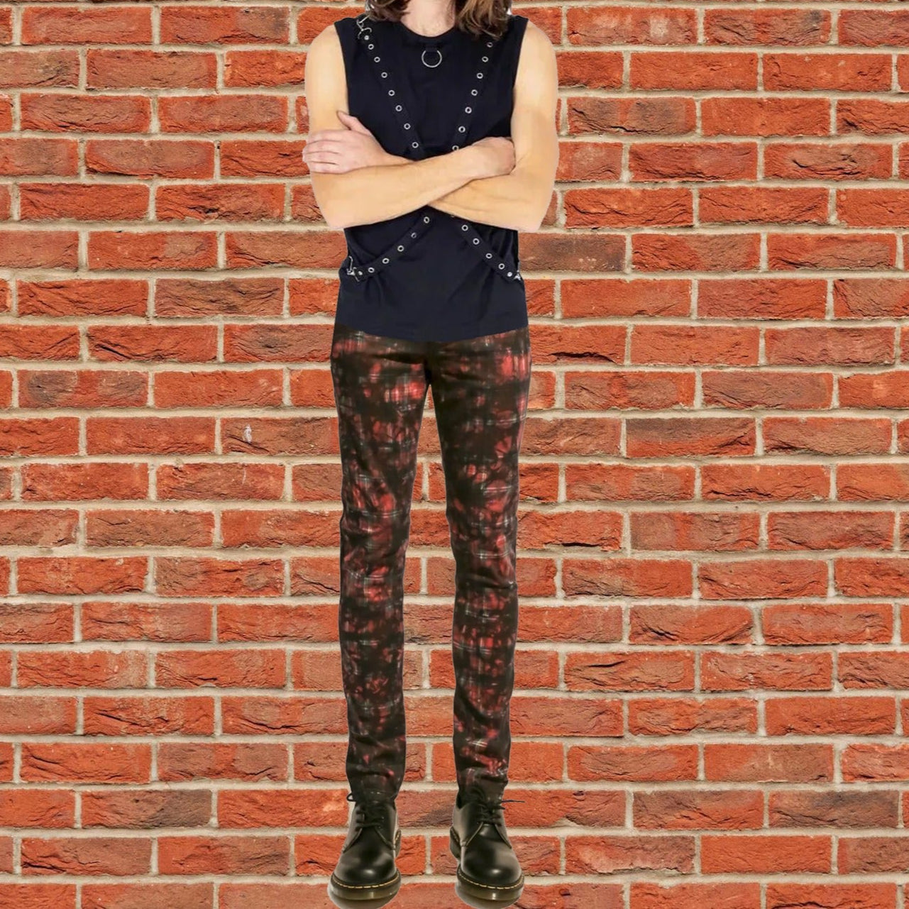 Gothic Red Tartan Plain Vintage Punk Buckle Zips Chain Strap Trousers Trip Pant