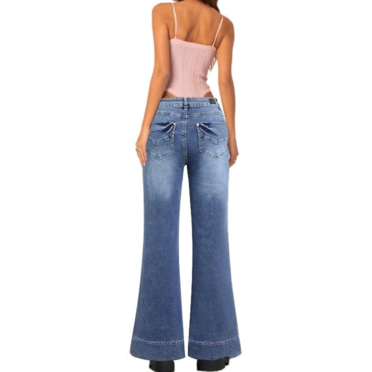 Flamingals Low Rise Straight Leg Wide Leg Baggy Jeans Women Stretch Boyfriend Butterfly Flare Denim Pants