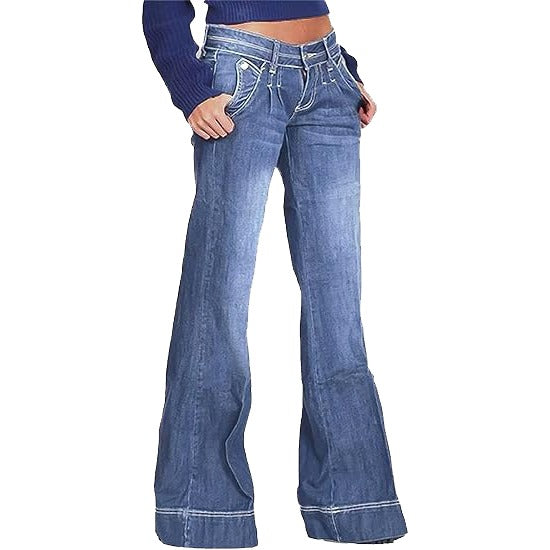 Flamingals Low Rise Straight Leg Wide Leg Baggy Jeans Women Stretch Boyfriend Butterfly Flare Denim Pants