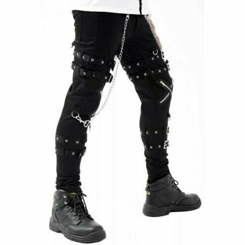 Women Gothic BONDAGE ROCK Black Punk Buckle Zips Chain Strap TrouserTRIPP PANTS (2)