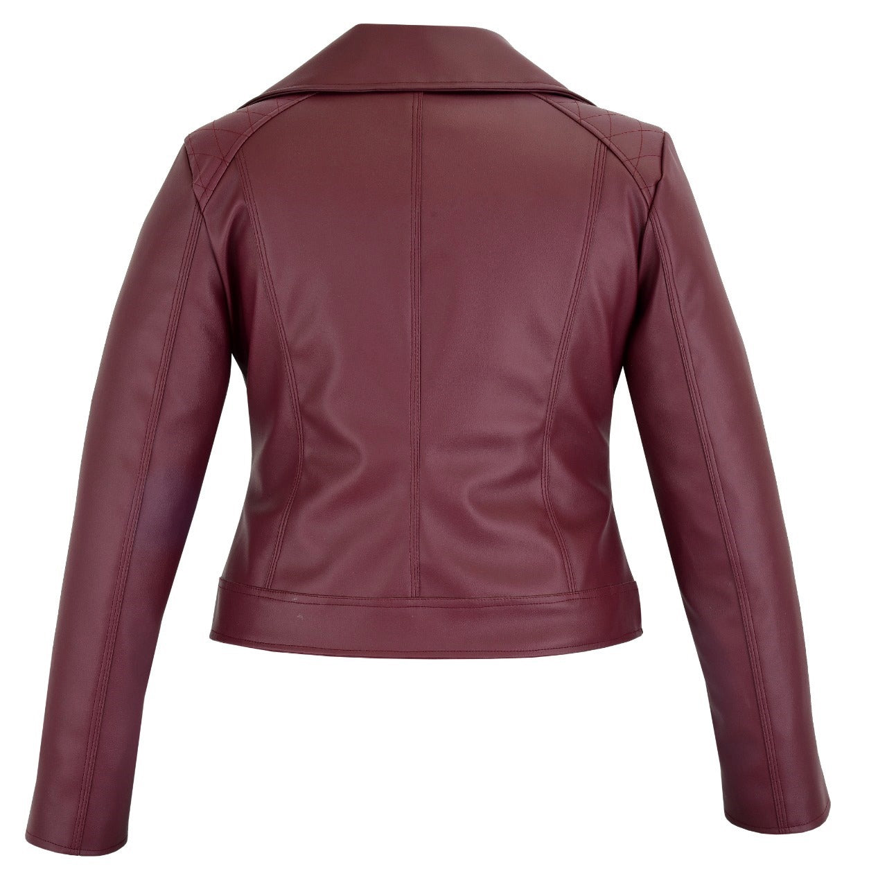 Women's Maroon Slim Fit Biker Style Moto Faux Leather Jacket (2)