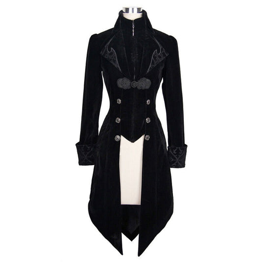 Women's Steampunk Swallow Tailcoat Gothic Long Winter Black Velvet Coat