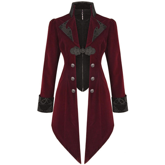 Women's Steampunk Swallow Tailcoat Gothic Long Winter Burgundy Velvet Coat