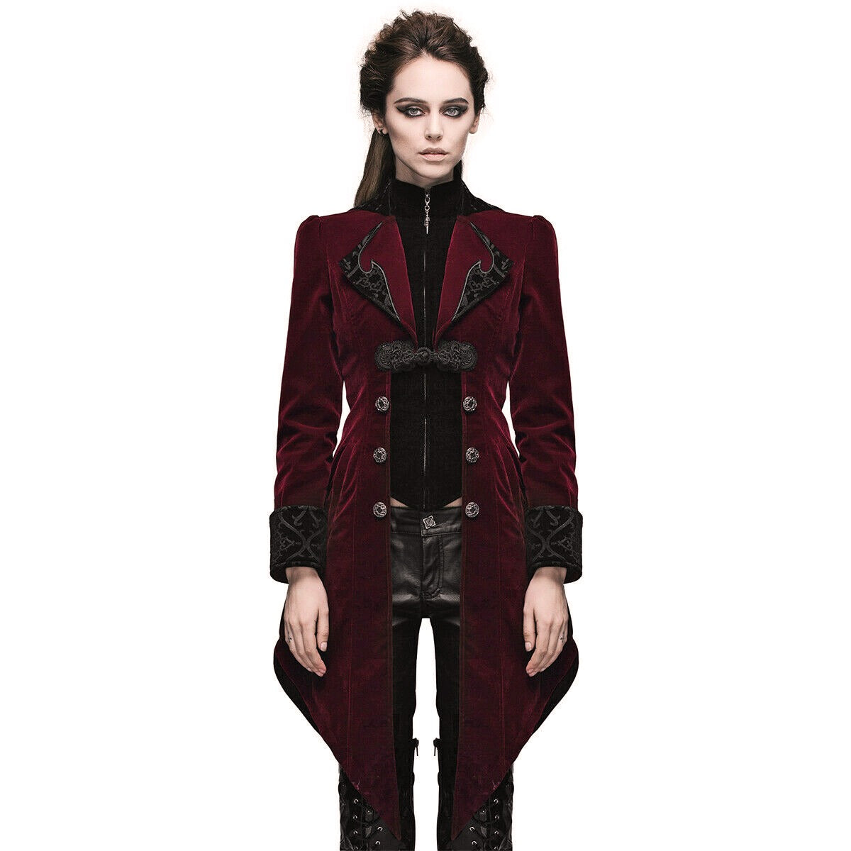 Women's Steampunk Swallow Tailcoat Gothic Long Winter Burgundy Velvet Coat