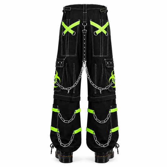 New Biohazard Men Gothic Black Lime Bondage Reflective Biohazard Symbol Pant Alternative Punk Rock Trouser Shorts