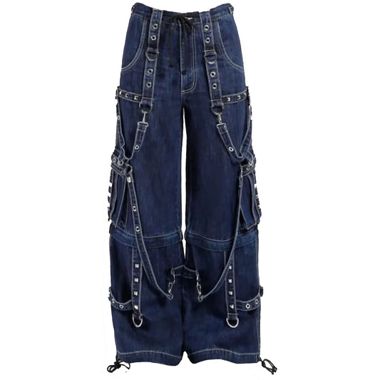 Gothic Blue Jeans Zip Off Pants Punk Buckle Zips Chain Strap Trousers Trip Pant