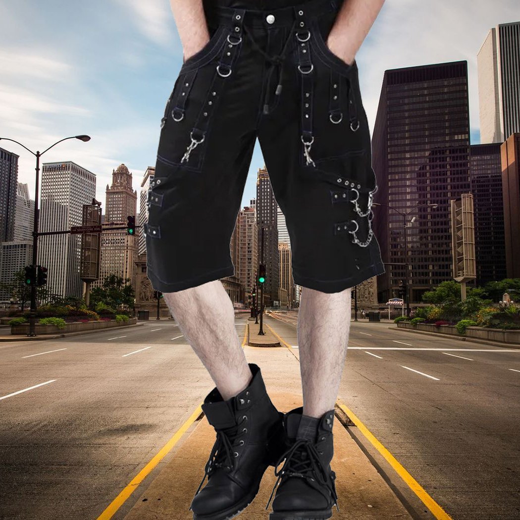 Men Handmade Gothic Bondage Trouser Blue Thread Cyber Punk Shorts Metal Studs Shorts Gothic