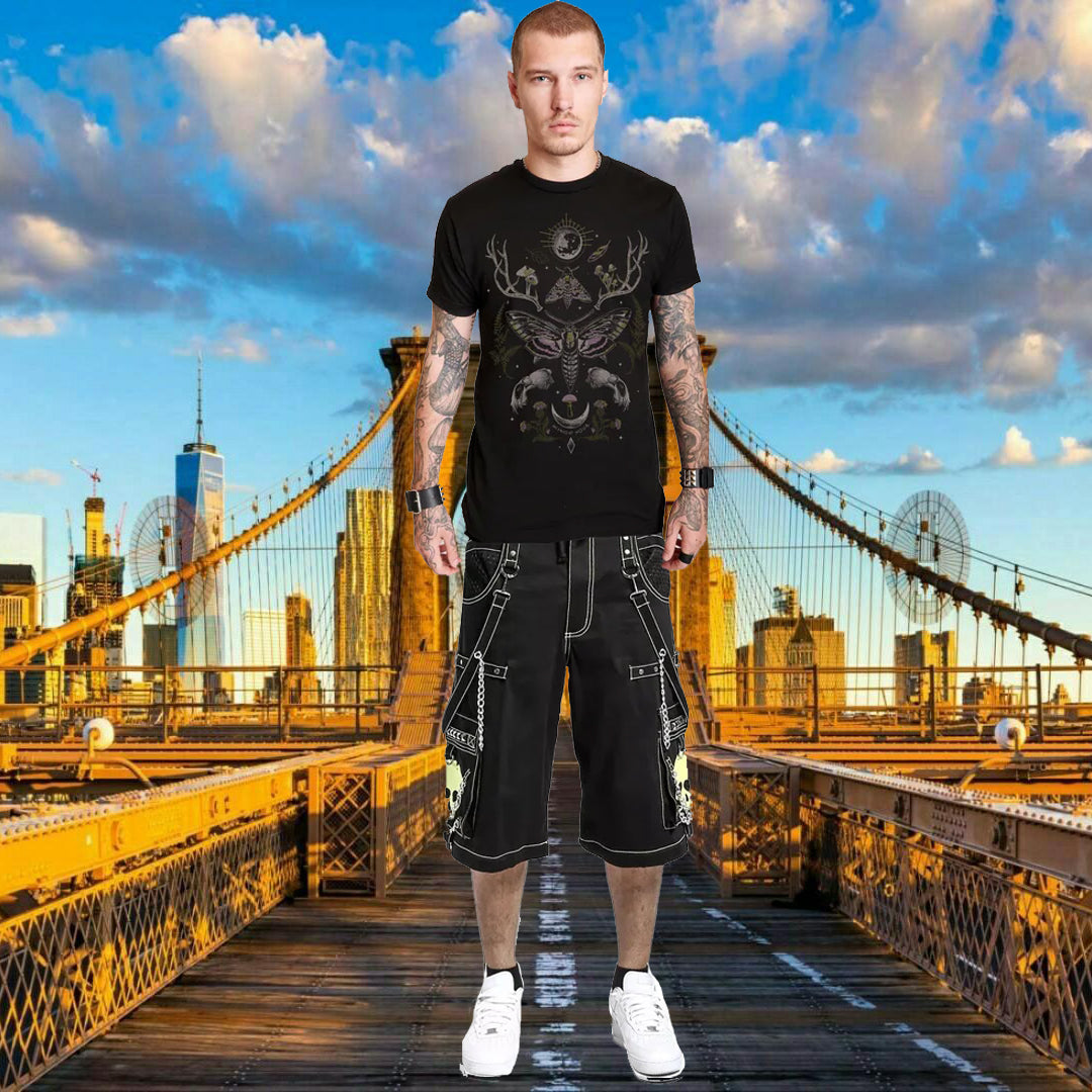 Gothic Bondage Black Lime Big Skull Men's Alternative Punk Rock Jeans Shorts