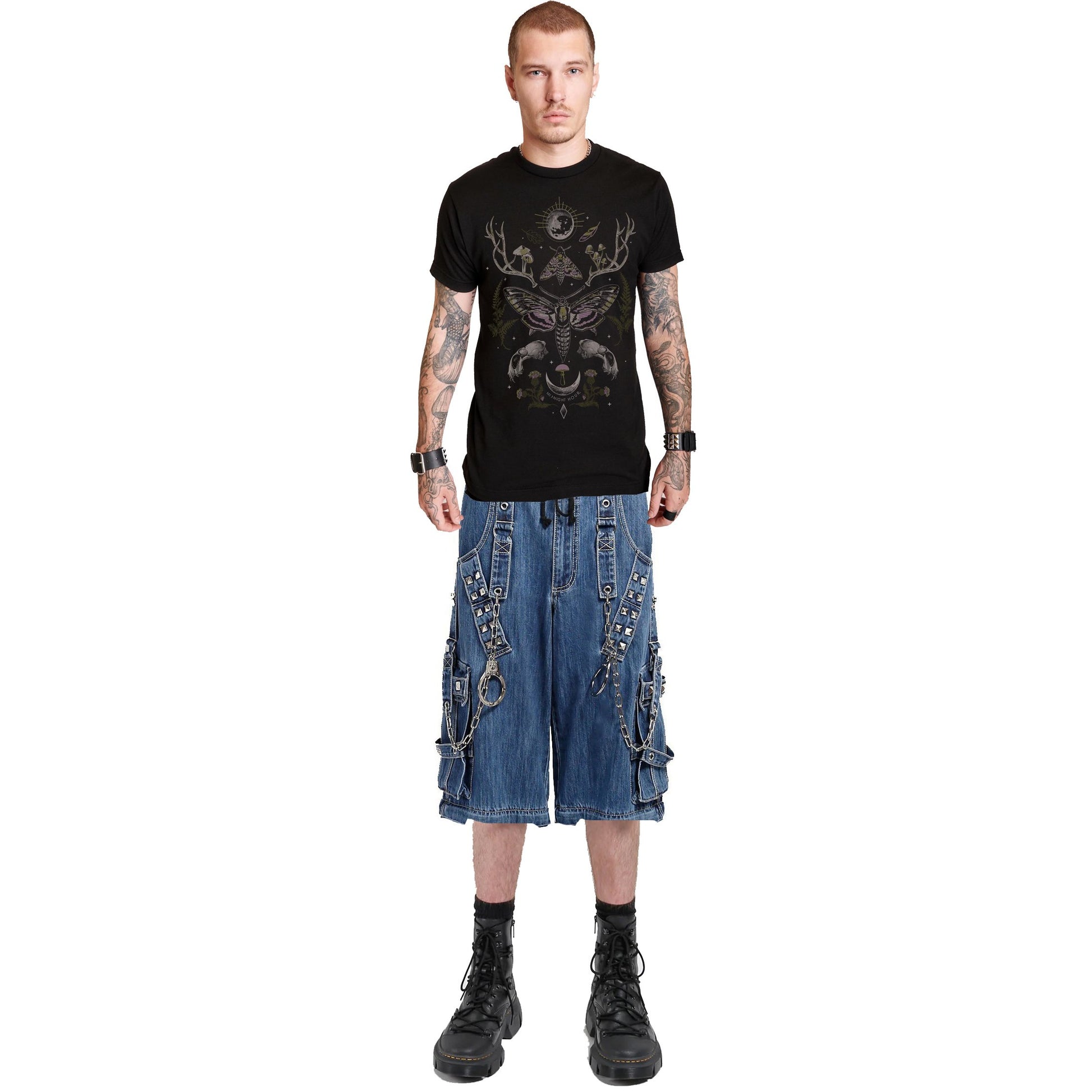 Extreme Bondage Light Blue Denim Shorts Skater Gothic Punk Rocker Cyber Biker Blue Dagger Shorts Handcuff