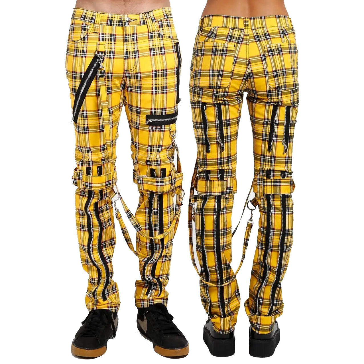 Men Bondage Straps Punk Yellow Plaid Jeans Pant Alternative Rebel Rock Emo Pant/USA