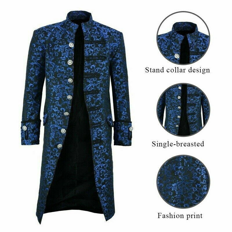 Renaissance Men's Blue Brocade Goth Steampunk Victorian Velvet Frock Coat/Usa