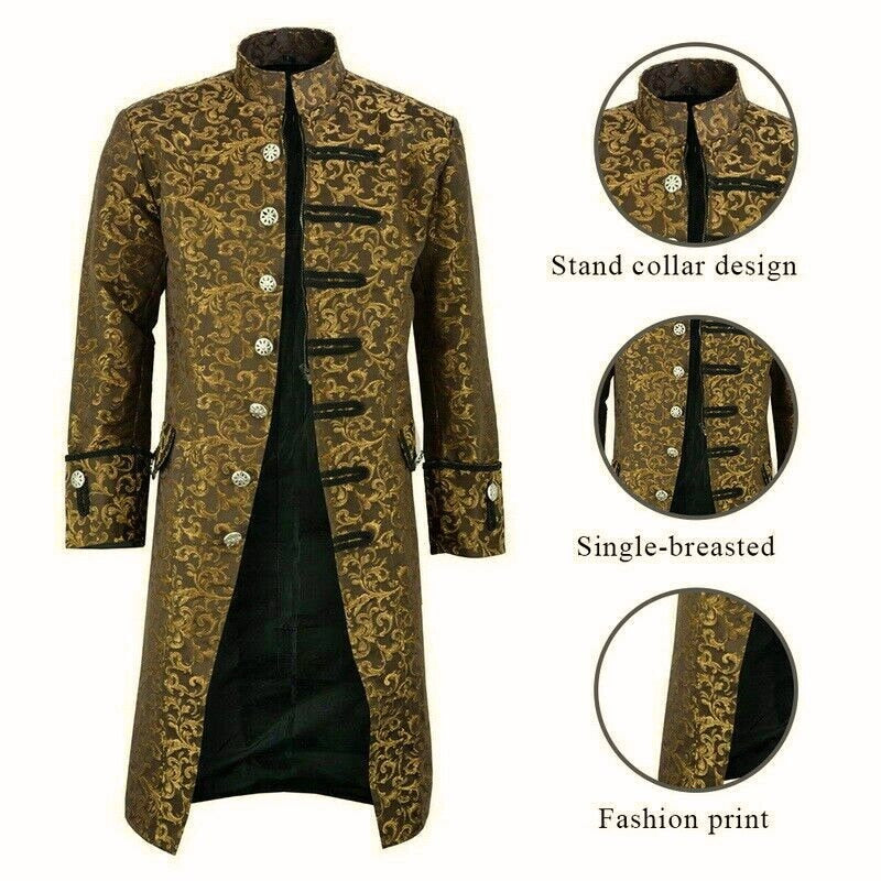 Renaissance Men's Gold Brocade Goth Steampunk Victorian Velvet Frock Coat/Usa