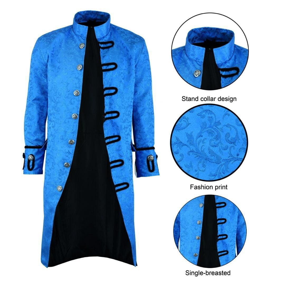 dark rock Renaissance Mens Royal Blue Brocade Goth Steampunk Victorian Velvet Frock Coat (1)