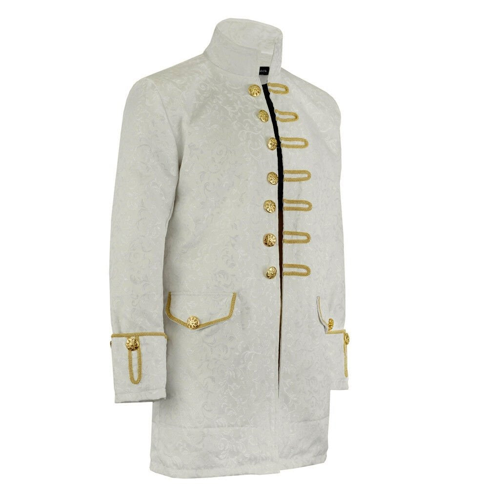 Renaissance Men's Velvet Goth Steampunk Victorian Frock Coat Brocade White/Gold
