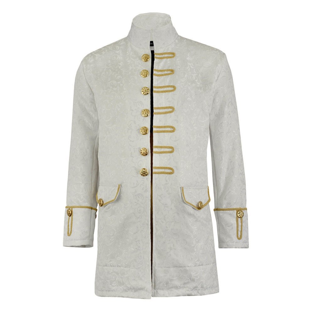 Renaissance Men's Velvet Goth Steampunk Victorian Frock Coat Brocade White/Gold