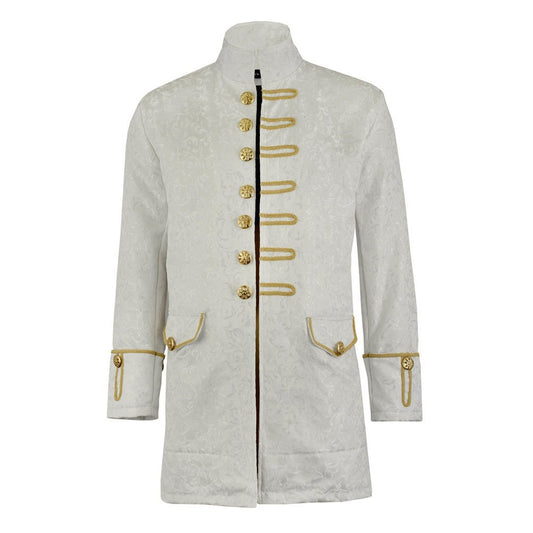 Renaissance Men's Velvet Goth Steampunk Victorian Frock Coat Brocade White/Gold