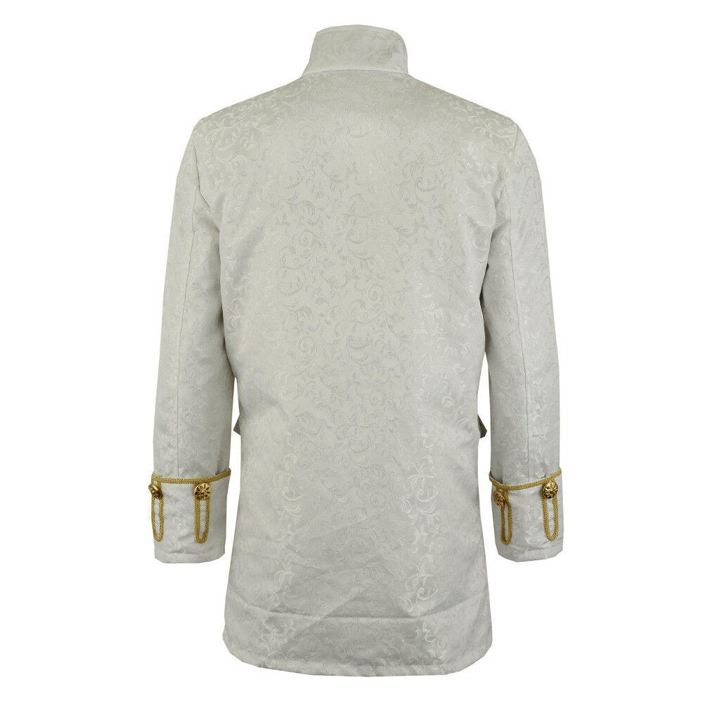 Renaissance Men's Velvet Goth Steampunk Victorian Frock Coat Brocade White/Gold