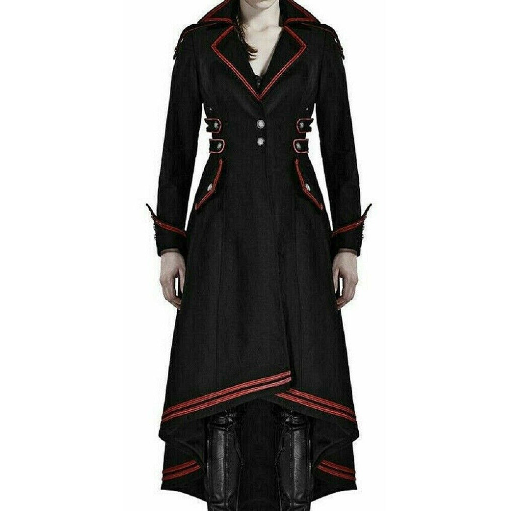 Women's Steampunk Military Coat Jacket Long Black Red Gothic Uniform