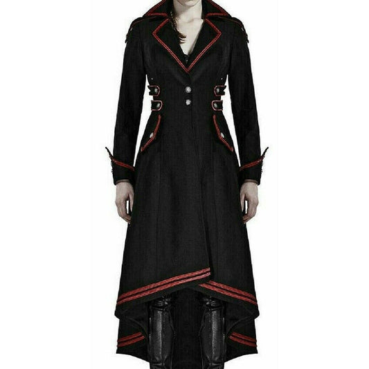 Women's Steampunk Military Coat Jacket Long Black Red Gothic Uniform