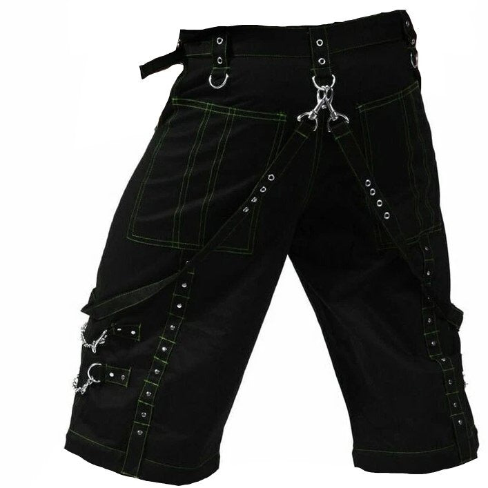 Gothic Men's Handmade Green Thread Rocker Bondage 4 Pocket Punk Rock Black Green Stitch Shorts