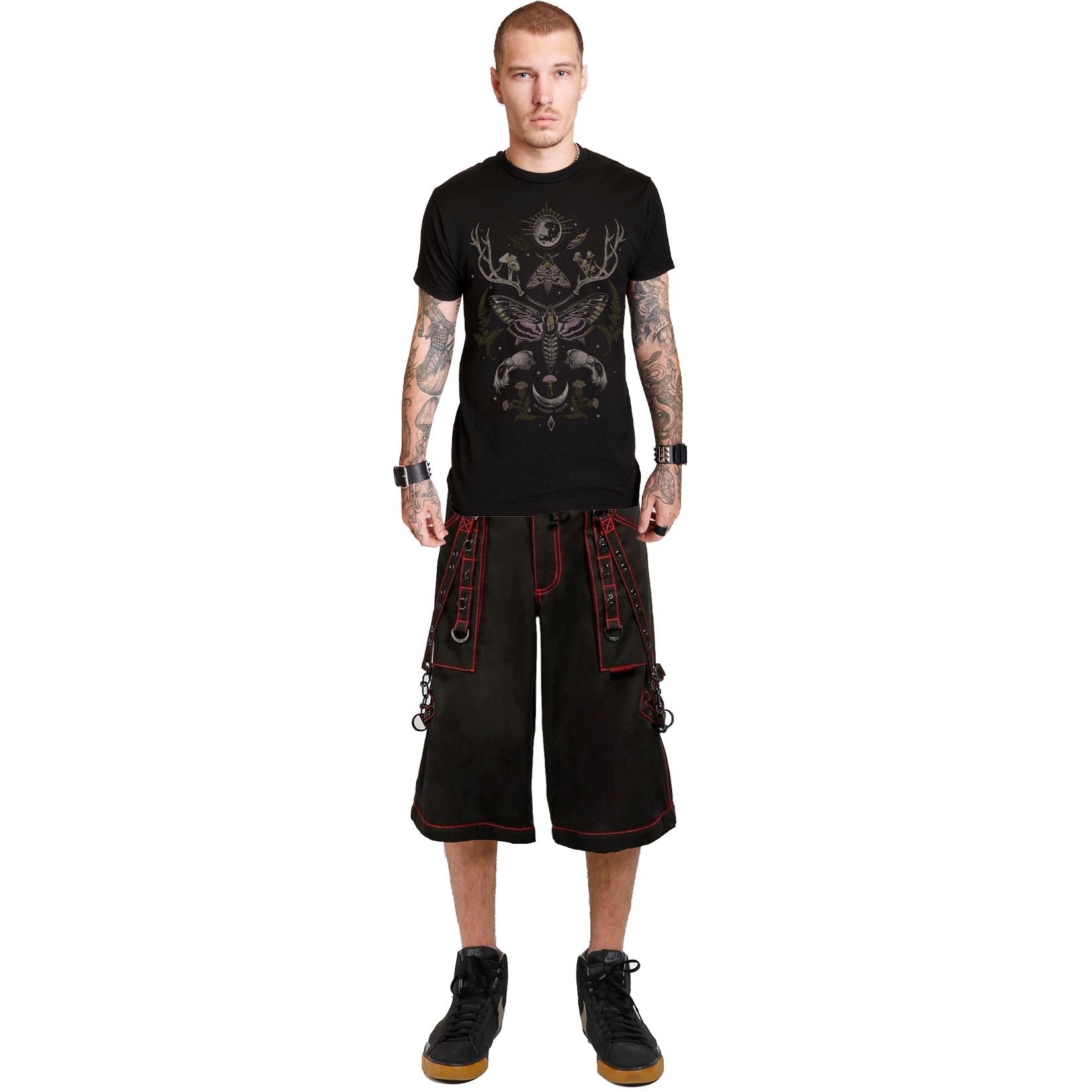 Mens Black Gothic Super Studded Shorts Red Stitching