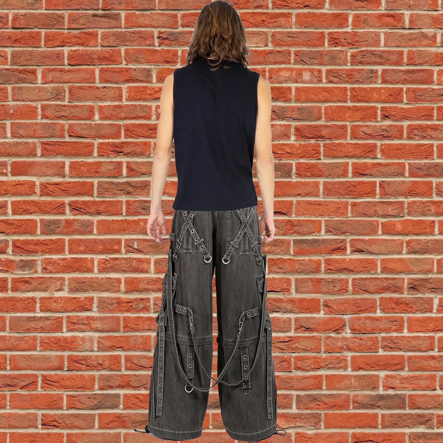 GOTHIC X-STRAP PANT BLACK DENIM