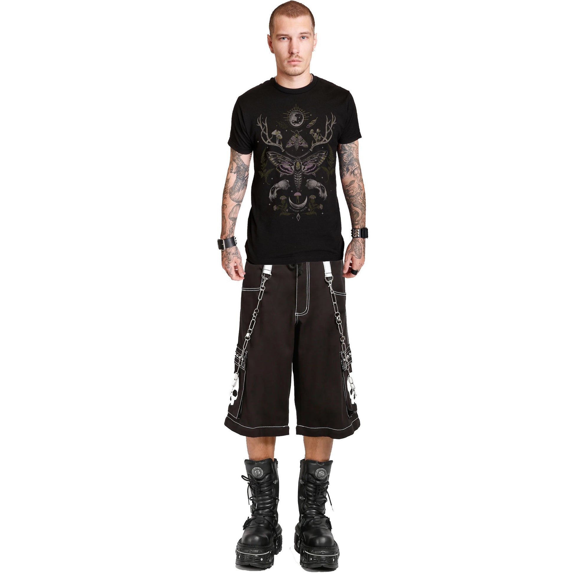 Gothic Bondage White Skull Shorts Black White Alternative Punk Rock Emo Shorts