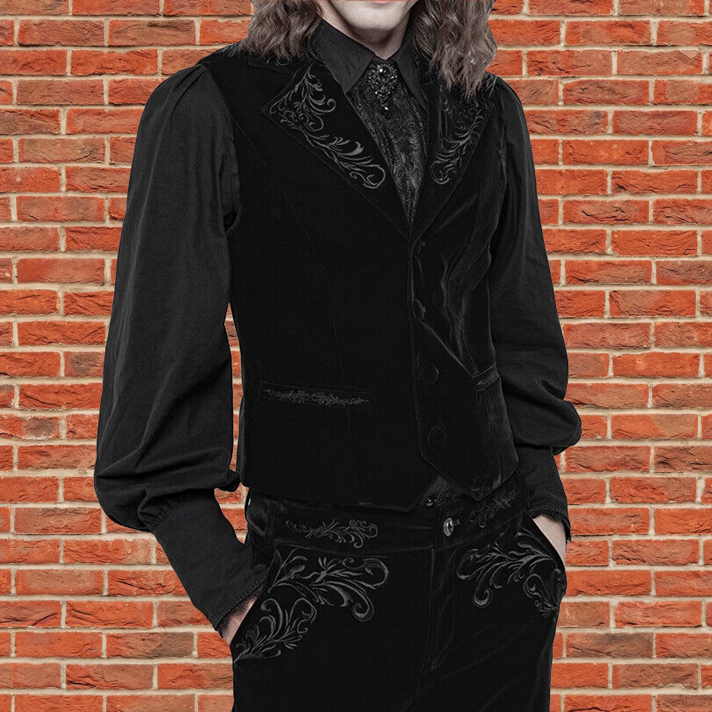 Mens Gothic Waistcoat Vest Black Velvet Embroidered Steampunk Vampire