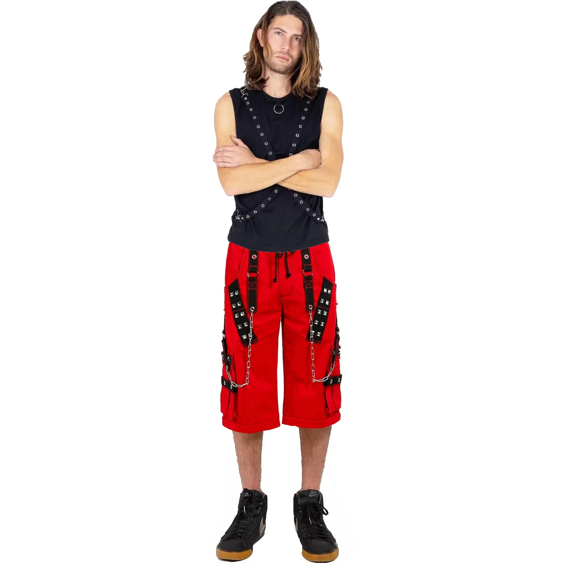 Gothic Bondage Handmade Mens Alternative Punk Rock Transformer Trouser Red Baggy Shorts