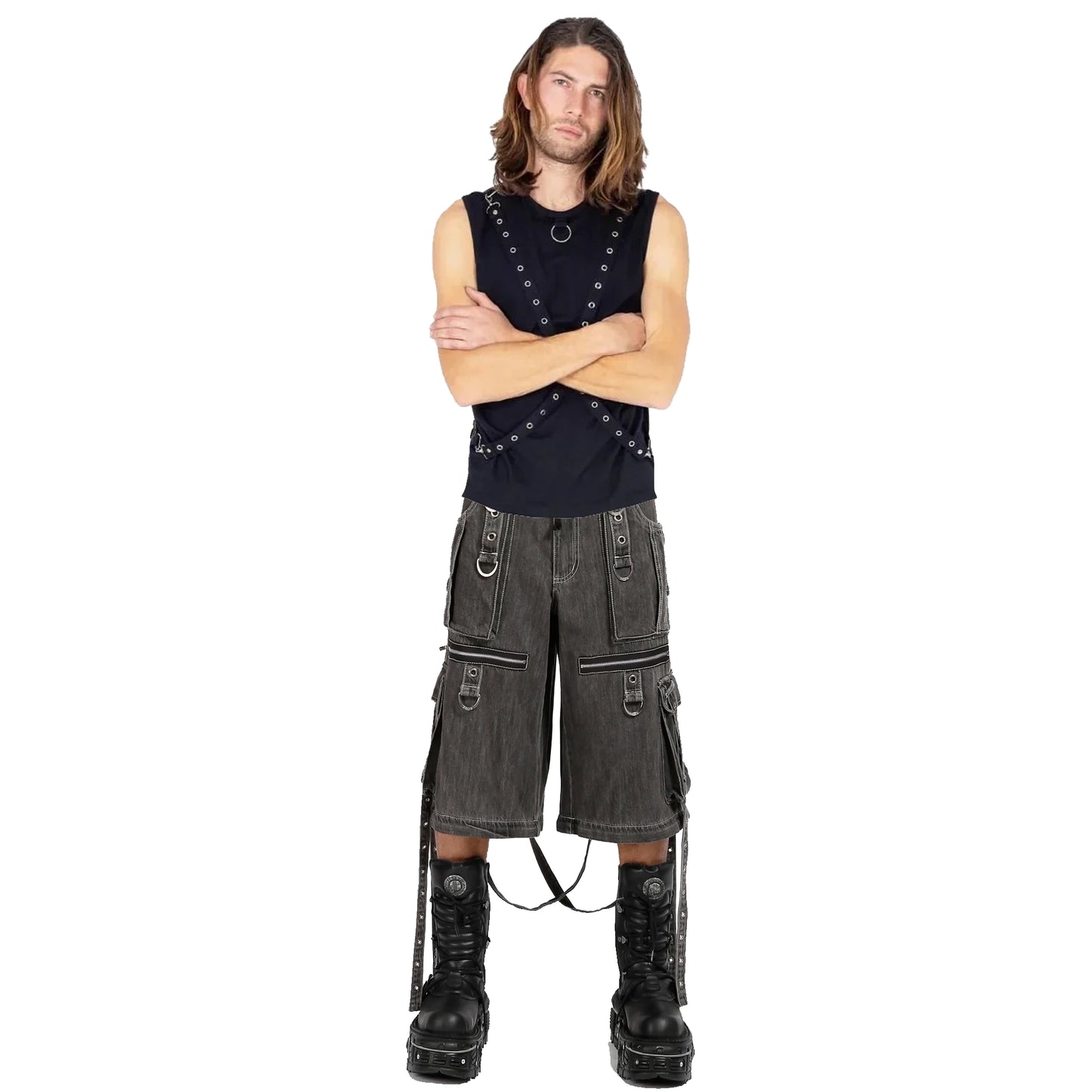 GOTHIC X-STRAP PANT BLACK DENIM