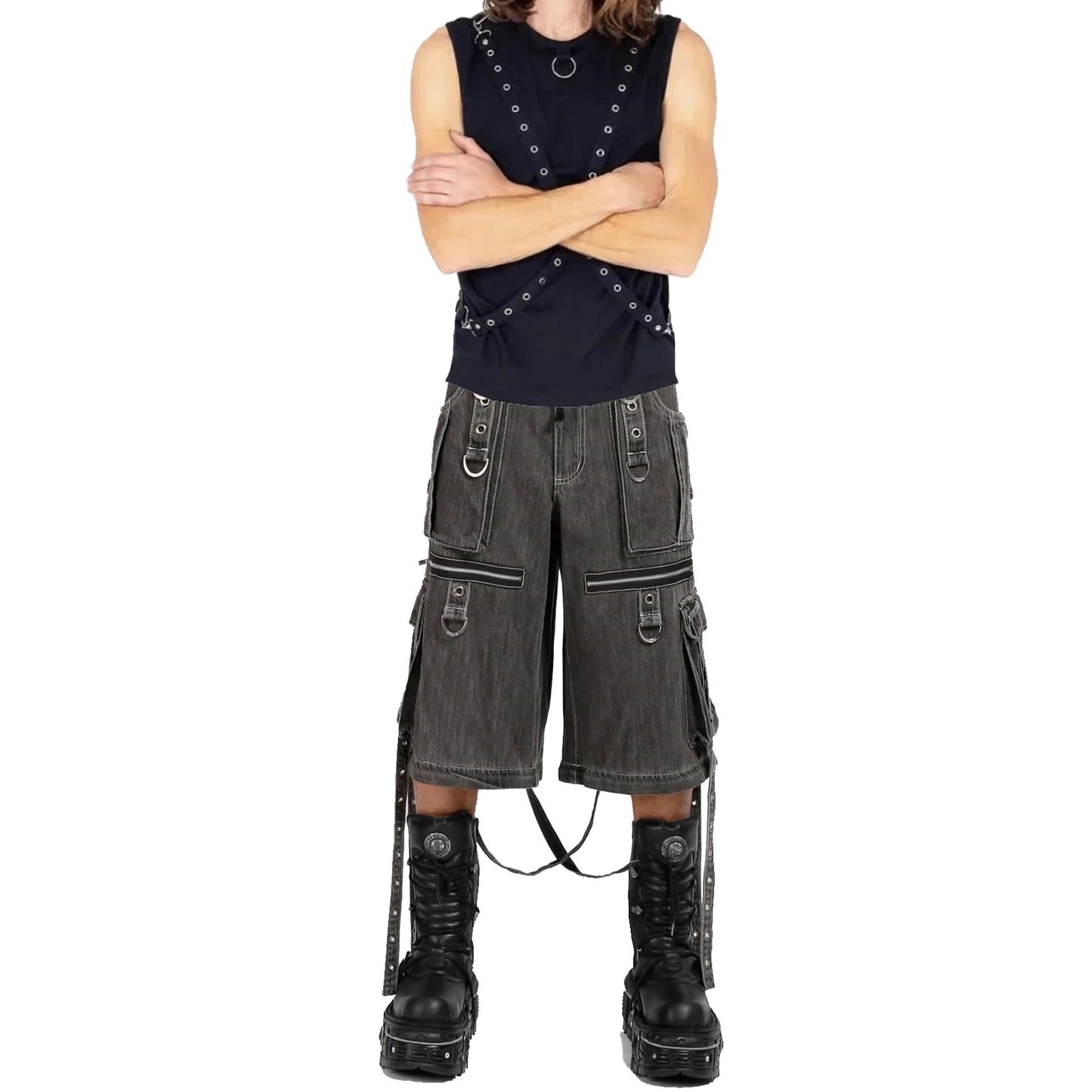 GOTHIC X-STRAP PANT BLACK DENIM