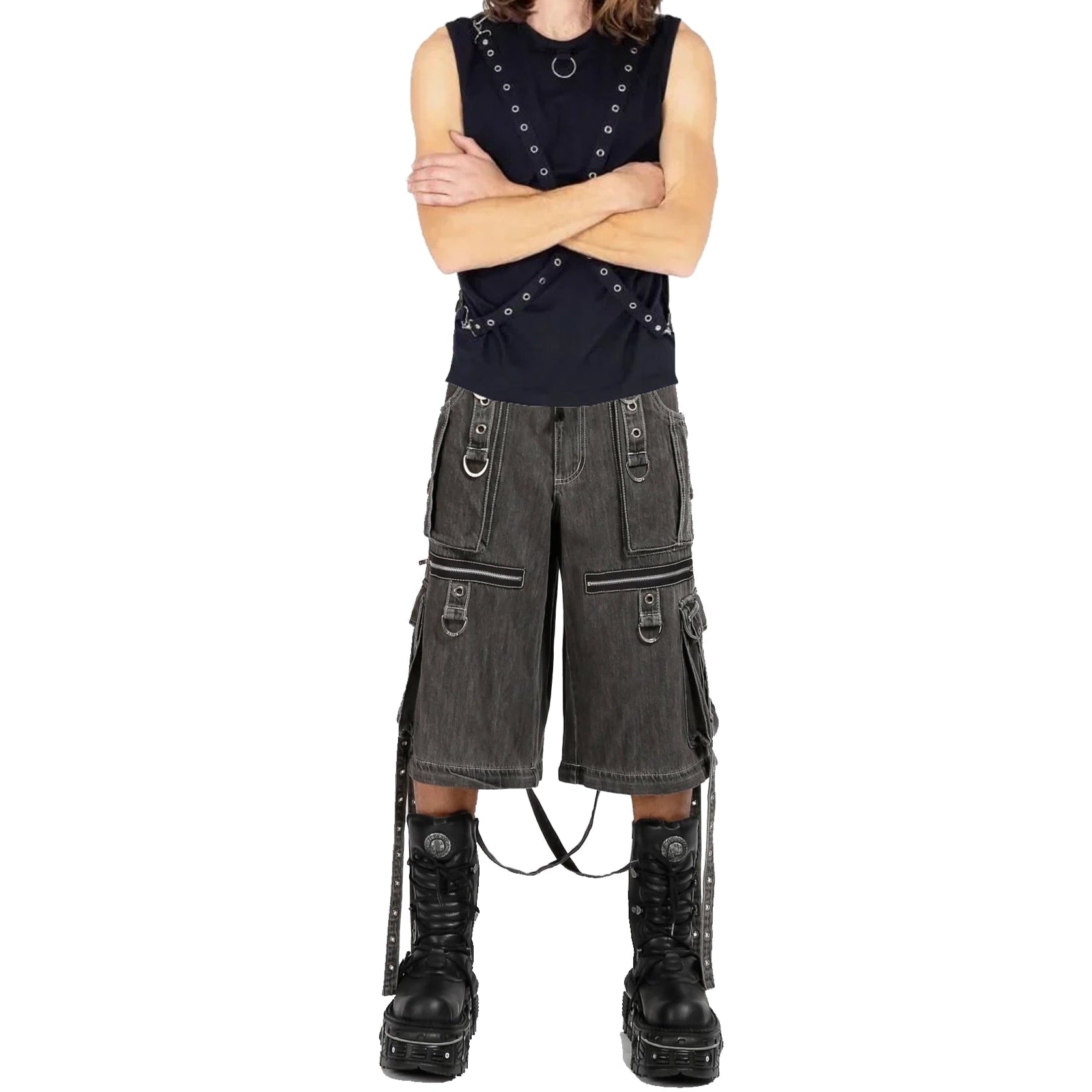 GOTHIC X-STRAP PANT BLACK DENIM